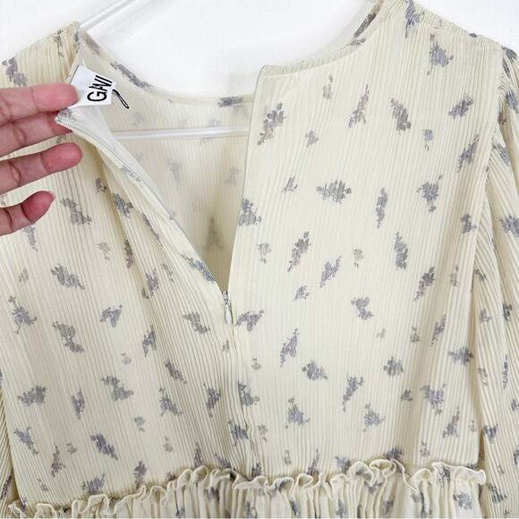 GANNI Size 40/ US Large Floral Print Pleated Georgette Babydoll Mini Dress - Picture 6 of 14